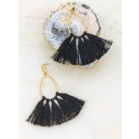 Jewelry - SOLD OUT Black Teardrop Hammered Gold Hoop Tassel Earrings